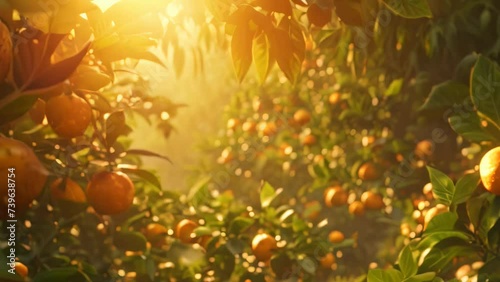 Orange garden in the sun with ripe orange fruit photo