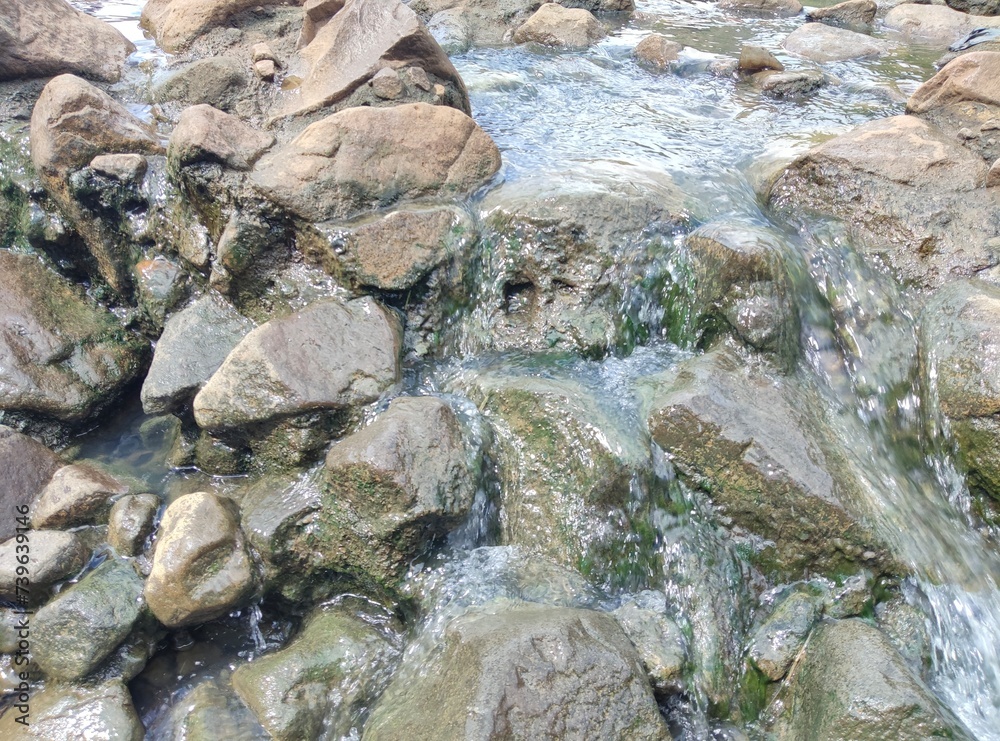 Photo of river water flowing and filled with rocks 