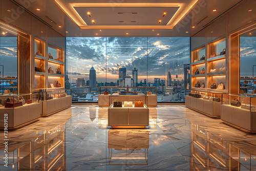 A high-end luxury boutique with designer handbags and shoes in chic glass cases, overlooking the city skyline.