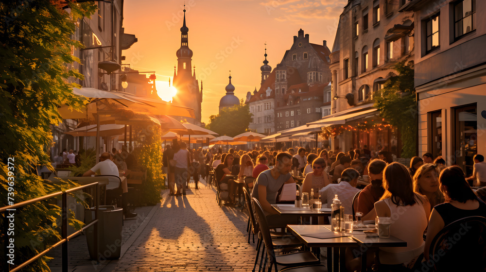 Quaint European City Life At Sunset: A Glimpse of Culture and Heritage Through Urban Landscape Photography.