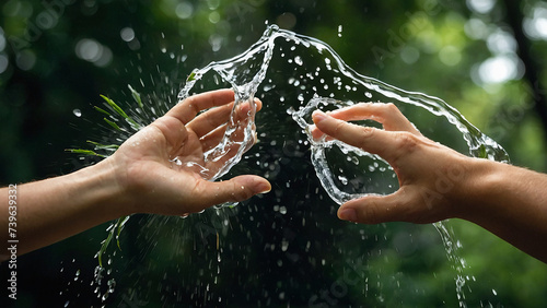The hands of a young girl and a guy pour Water pouring from the at. Water pouring Male and Female two hand on nature background. By PK7Star