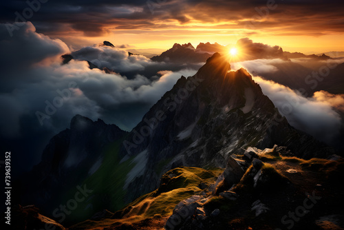 Hiker on a Mountain, Beautiful sunset on a Mountain , huge mountain sunset © MrJeans