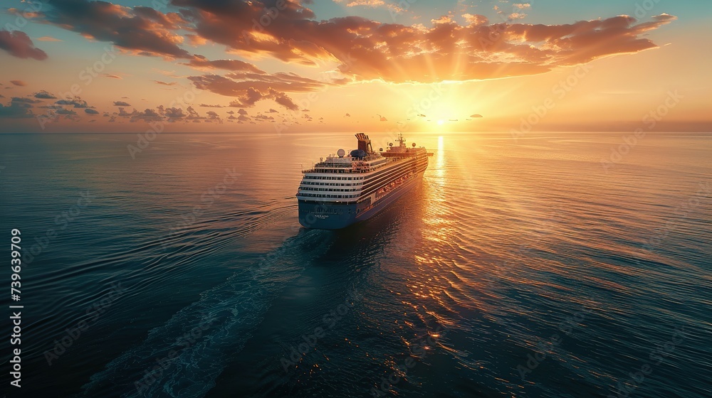 Luxury cruise ship sailing to port on sunrise Luxury cruise ship sailing to port on sunrise