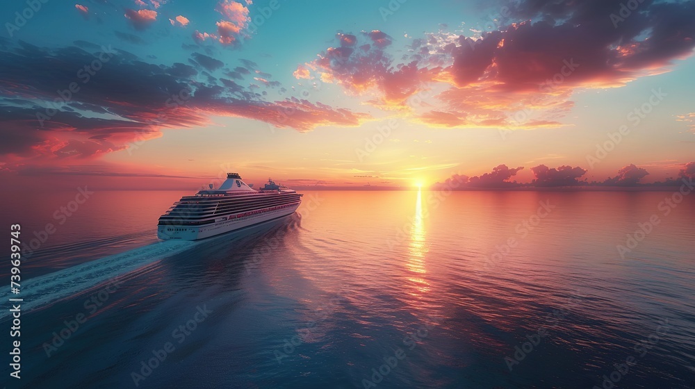 Luxury cruise ship sailing to port on sunrise - obrazy, fototapety, plakaty 