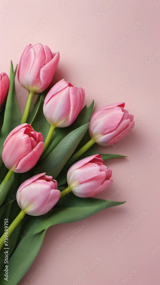 Photo Of Beautiful Bunch Of Pink Tulips Flowers On Decent Pastel Rose Background The Background Offers Lots Of Space, Text.