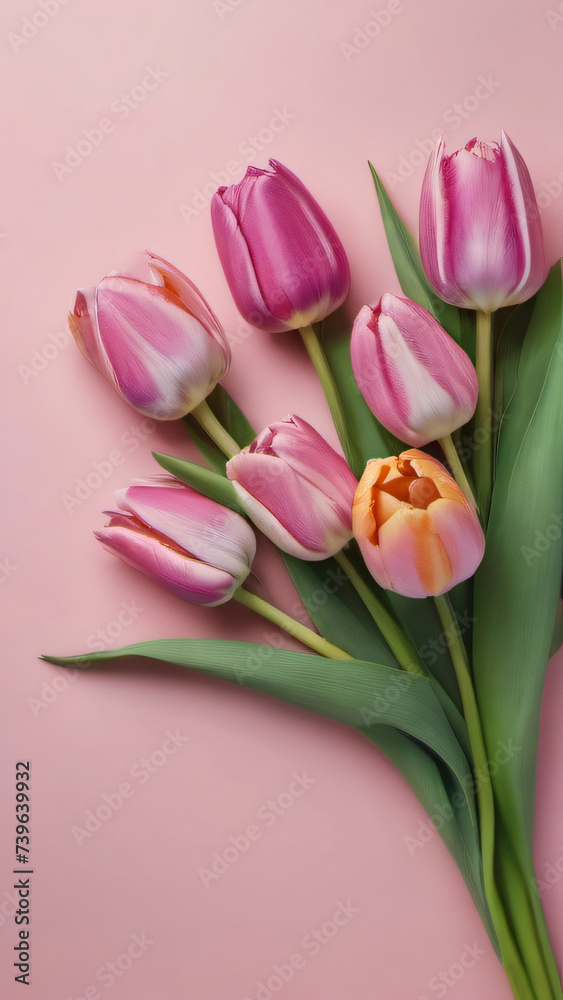 Photo Of Spring Tulip Flowers On Pink Background Top View In Flat Lay Style, Greeting, Womens Or Mothers Day Or Spring Sale Banner. Photo Of Spring Tulip Flowers On Pink Background Top View In Flat Lay Style, Greeting, Womens Or Mothers Day Or Spring Sale Banner.