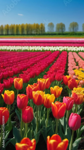 Photo Of Vibrant Tulip Field Under A Clear Blue Sky  Colorful Flowers Wallpaper  Your Text  Ai.