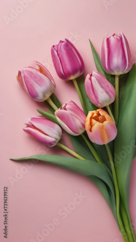 Photo Of Spring Tulip Flowers On Pink Background Top View In Flat Lay Style, Greeting, Womens Or Mothers Day Or Spring Sale Banner.