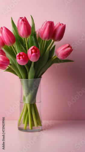 Photo Of Bouquet Of Tulips On Pink Background, Mothers Day, Valentines Day.