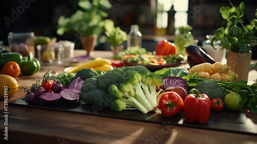 fresh vegetables on wooden table, dining table full of vegetables, healthy organic diet concept