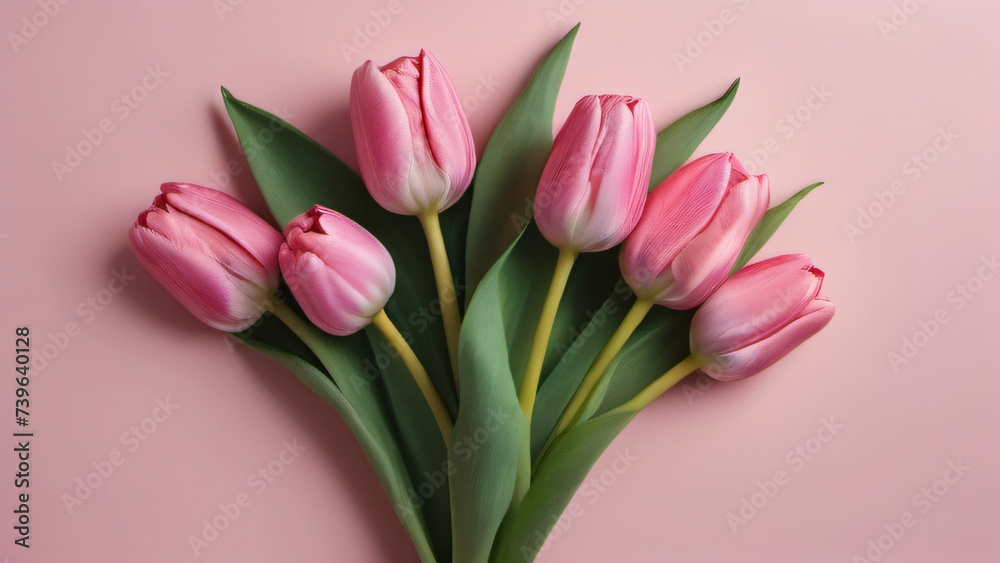 Photo Of Spring Tulip Flowers On Pink Background Top View In Flat Lay Style, Greeting, Womens Or Mothers Day Or Spring Sale Banner.