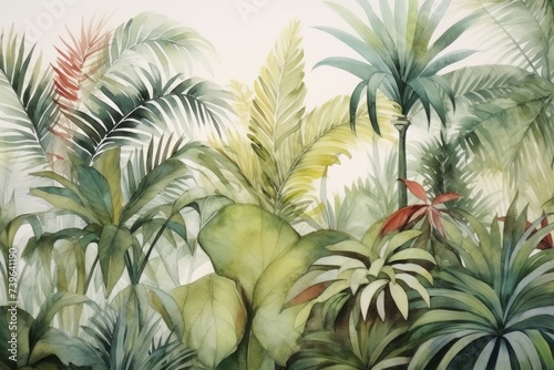 Tropical plants and palm trees, for texture background photo wallpaper or banner. Wallpaper pattern painted in watercolour. Generative AI 