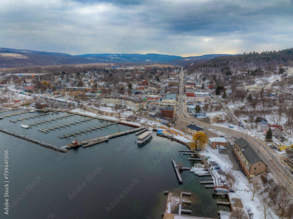 Winter afternoon aerial images of Watkins Glen, NY, south end of Seneca Lake.