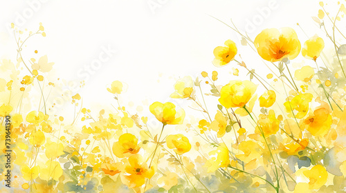 Fototapeta Naklejka Na Ścianę i Meble -  美しく咲き乱れる黄色い花の水彩イラスト背景