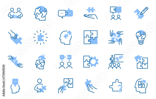 Vector Puzzle Icons: Mixed Thin Line and flat Illustrations for Teamwork, Creativity, Problem-Solving, Mental Health and Psychology