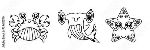 Cute underwater animals vector set. Friendly crab, baby shark fish, smiling starfish. Funny ocean characters, aquarium pets. Black outline, doodle isolated on white. Comic coloring book for kids