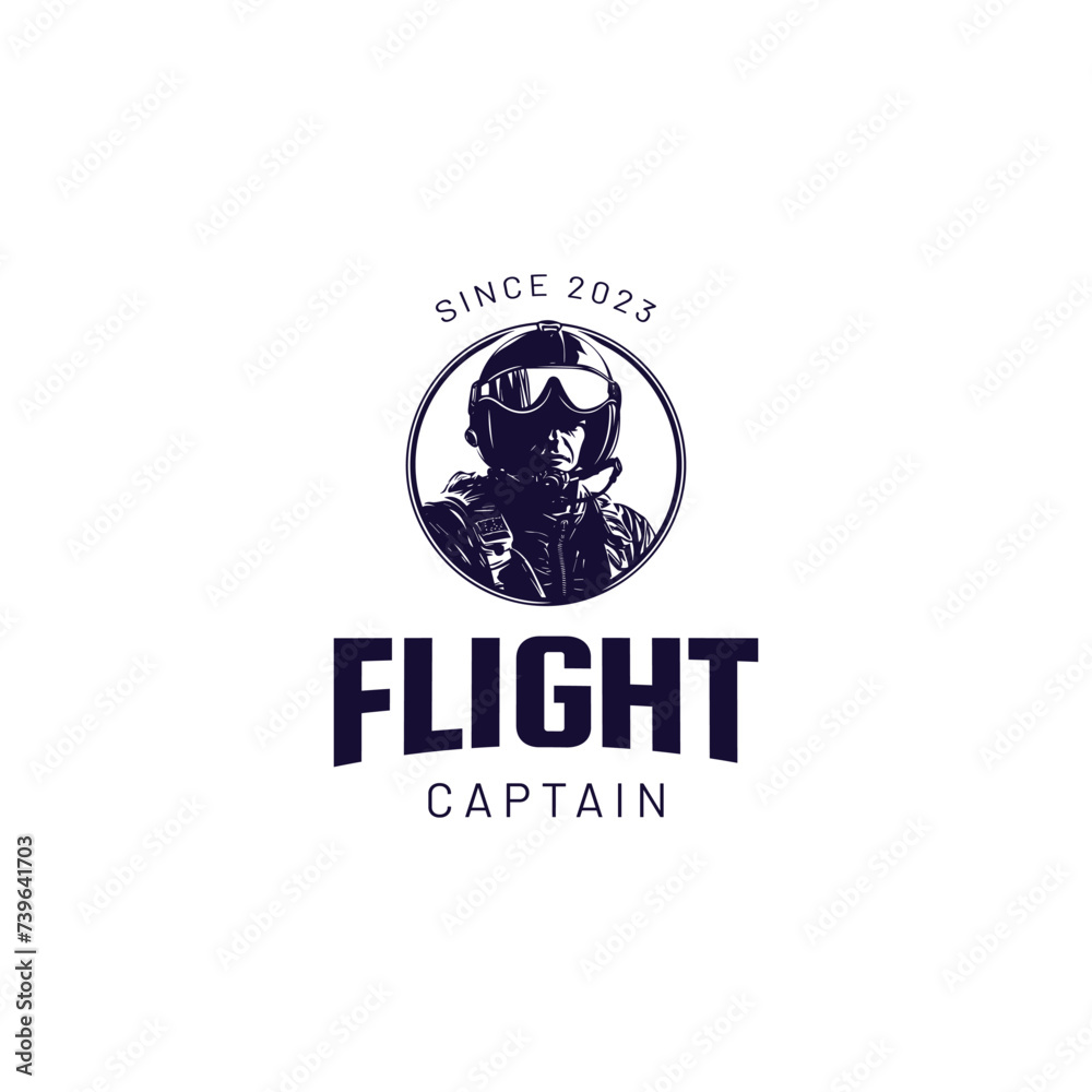 Illustration of pilot helmet,flight captain logo,Flight academy vector round emblem