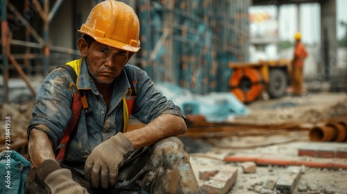A lone construction worker sits in despair against the backdrop of the construction site. The worker appears disheartened and downtrodden, likely due to inadequate wages or fired.  © Matthew