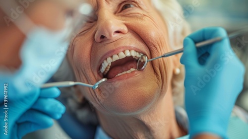 An energetic senior citizen flashing a bright smile while a dental professional inspects her teeth and offers advice on maintaining a beautiful and healthy smile in retirement.