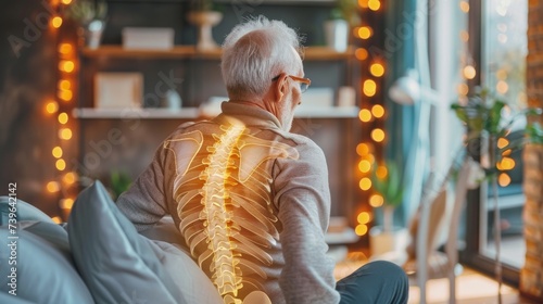 Senior man with back pain at home Spine physical therapist and patient. chiropractic pain relief therapy. Age-related back ache