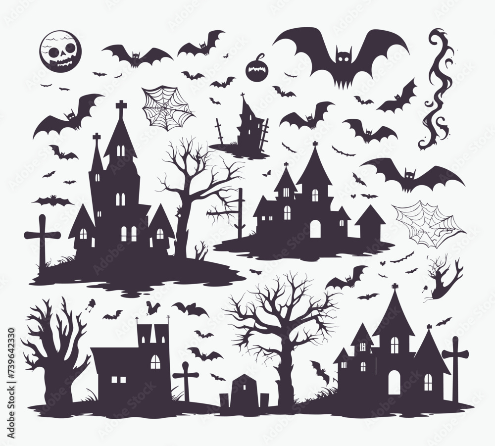 Halloween night, pumpkins, dark atmosphere, vector illustration