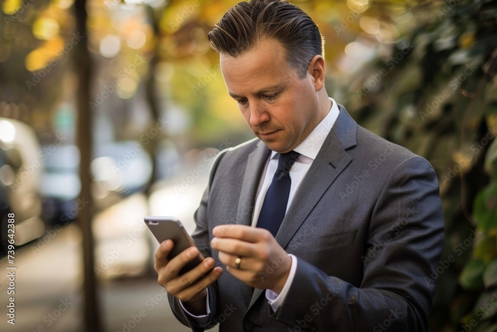 Portrait of businessman in business suit using smartphone, holding a phone in his hands Portrait of businessman in business suit using smartphone, holding a phone in his hands