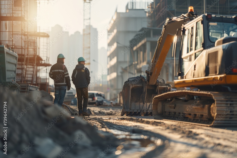 Excavator and construction workers on site at dawn - obrazy, fototapety, plakaty 