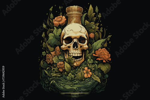 Skull rum vector illustration in bottle for t-shirt