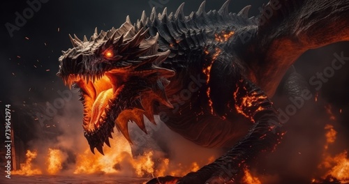 Fire breathes explode from a giant dragon in a black night. Generative AI 