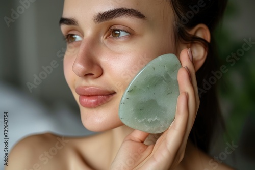 portrait of a young woman 30 years old with slight wrinkles. jade gua sha massager in hand