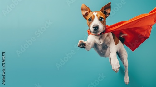 Superhero dog wearing red cape and mask jumping on blue background. Generative AI. photo