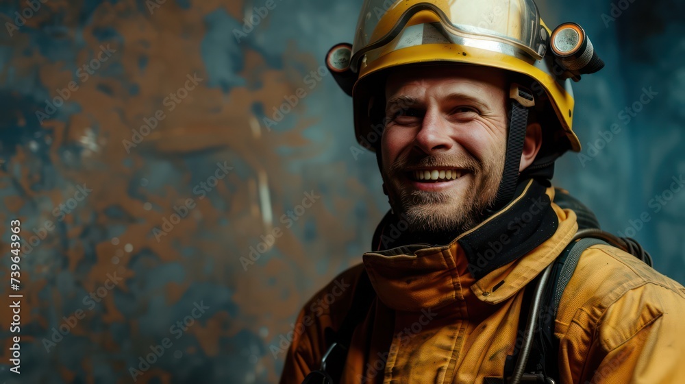 portrait of a happy firefighter, wearing his fireproof suit with copy space portrait of a happy firefighter, wearing his fireproof suit with copy space