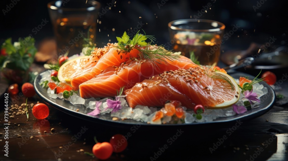 Delicious fresh sashimi on ice with black and blur background