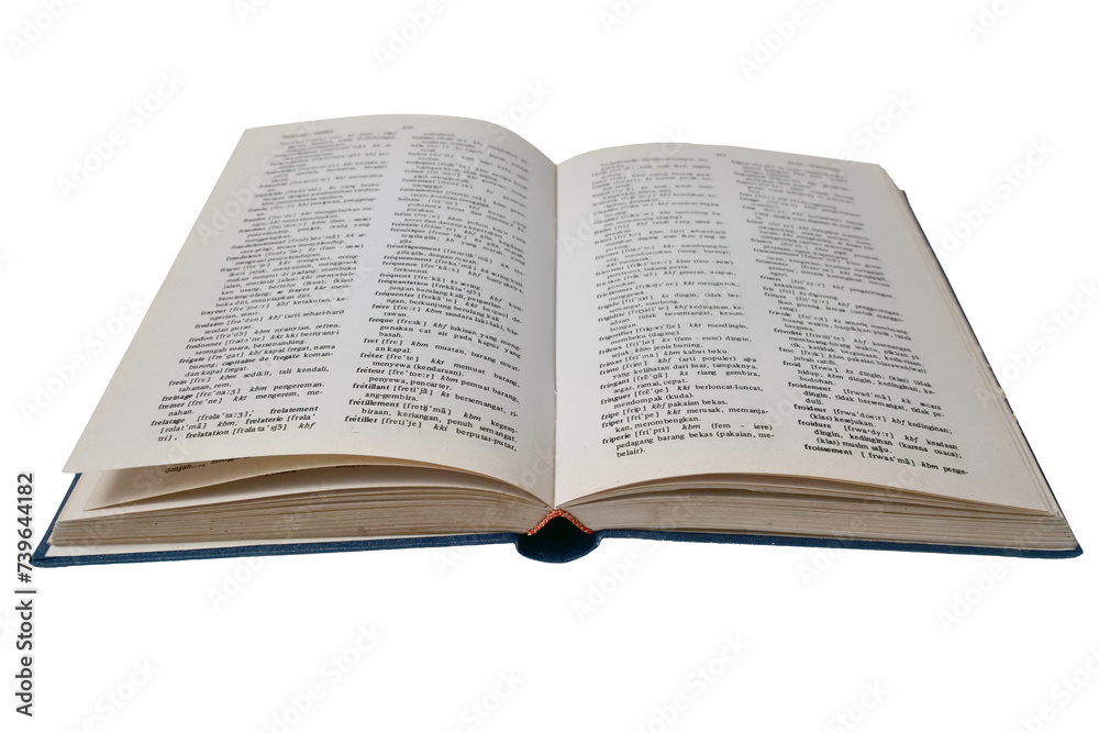 Tenggarong, Indonesia, November 2023. Opened dictionary old book cut out Tenggarong, Indonesia, November 2023. Opened dictionary old book cut out