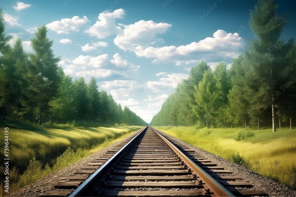 Forest trees along a railroad on an summer afternoon. Train tracks travel concept landscape background. Generative AI 