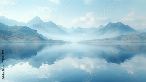 青色の静かな世界。青色の湖と青色の山