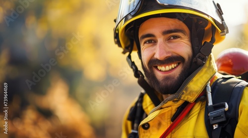 Picture of a smiling firefighter, standing tall in his fireproof gear, with room for additional text.