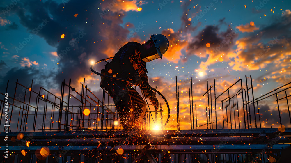 Silhouette of welder welding metal pieces on a metal structure at a construction site - obrazy, fototapety, plakaty 