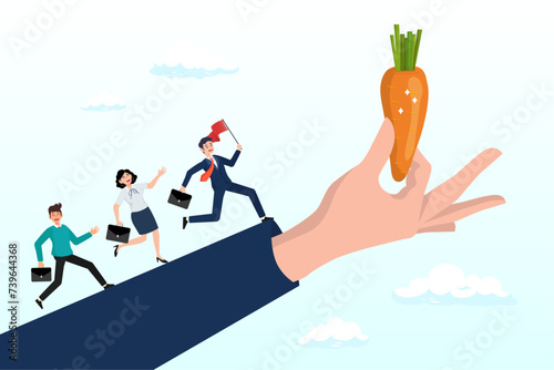 Business people run on giant hand to grab carrot stick, incentive, reward or bonus to motivate employee on hard working to reach success, company benefit, job promotion or employee program (Vector)
