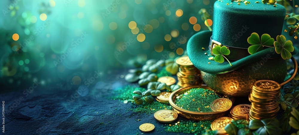 St. Patrick's Day leprechaun hat, gold coins and shamrocks on green background - obrazy, fototapety, plakaty 