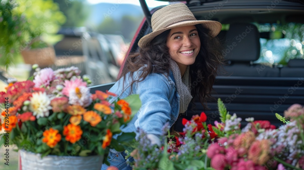 Happy woman loading flowers into back of car for delivery to flower shop.
