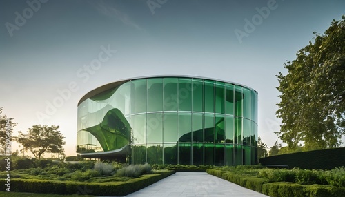 Eco-friendly sustainable building featuring vertical garden and green glass architecture for carbon dioxide reduction