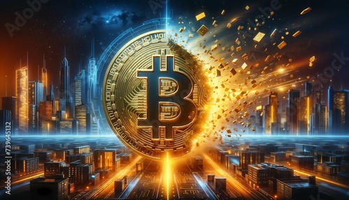 BTC halving 2024 illustrated by breaking Bitcoin  depicting the end and halving concept