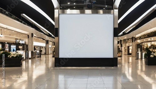 Blank digital kiosk screen for mock-up in a shopping mall, featuring a modern black and white design with a blurred background