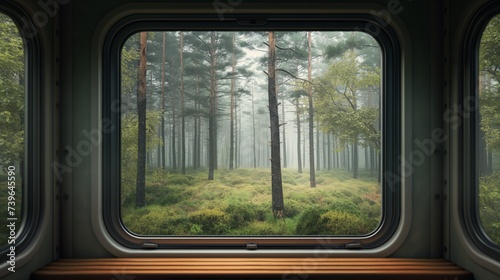 a view from inside a train looking out the window. Mountain and forest view.