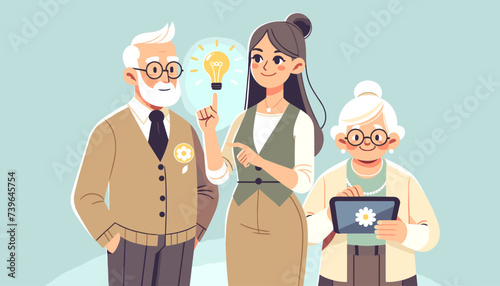 Conceptual image of elderly people learning in a computer class.　Vector illustration.