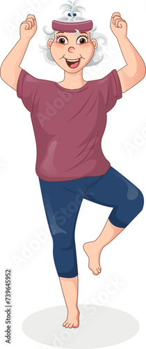 Elderly woman on warm-up. Middle-aged woman in cartoon style. Vector, senior citizen, sports, yoga, workout, movement, sports workout. Vector illustration