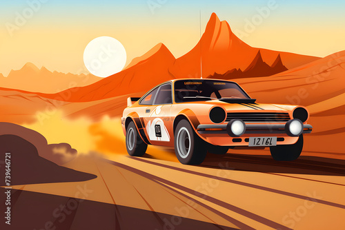 Illustrated rallye car in the desert, desert rallye, desert race, driving in the desert