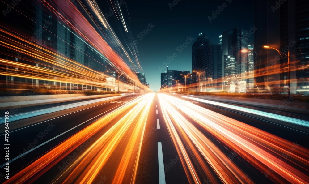 High speed light trail of cars. Motion Blur City, Generative AI