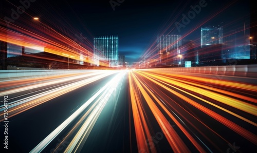 High speed light trail of cars. Motion Blur City, Generative AI